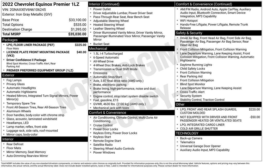 Used 2022 Chevrolet Equinox Premier w/ LPO, Floor Liner Package AWD/4WD image 4