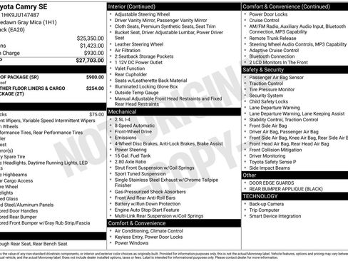 Used 2018 Toyota Camry SE w/ Moonroof Package FWD image 1
