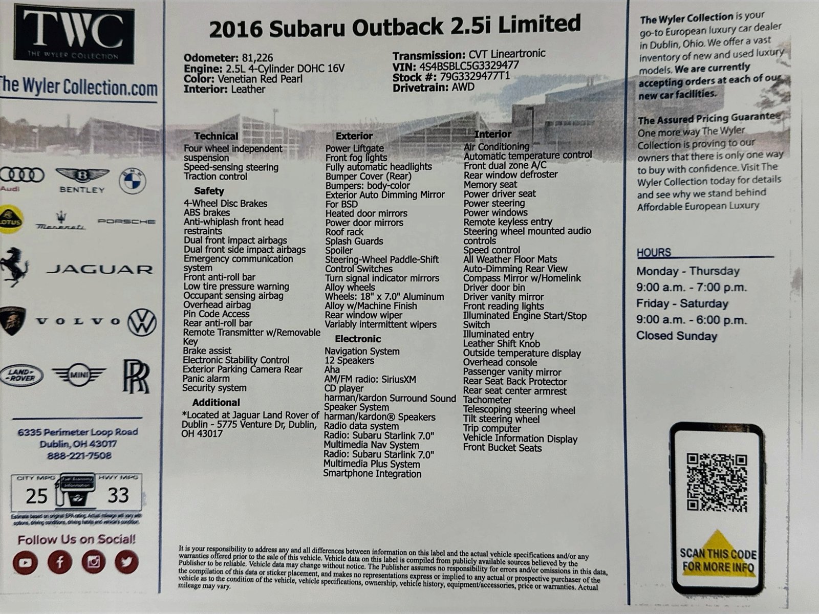 Used 2016 Subaru Outback 2.5i Limited AWD/4WD image 48