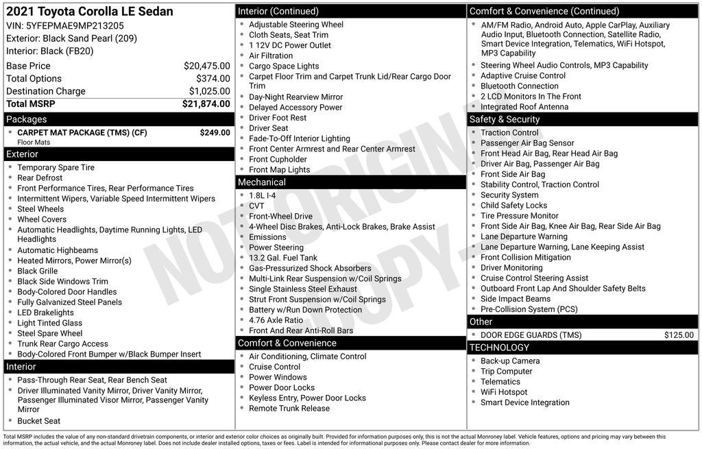 Certified 2021 Toyota Corolla LE w/ Carpet Mat Package (TMS) FWD image 26