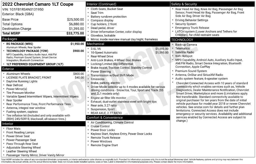 Used 2022 Chevrolet Camaro LT w/ RS Package RWD image 2