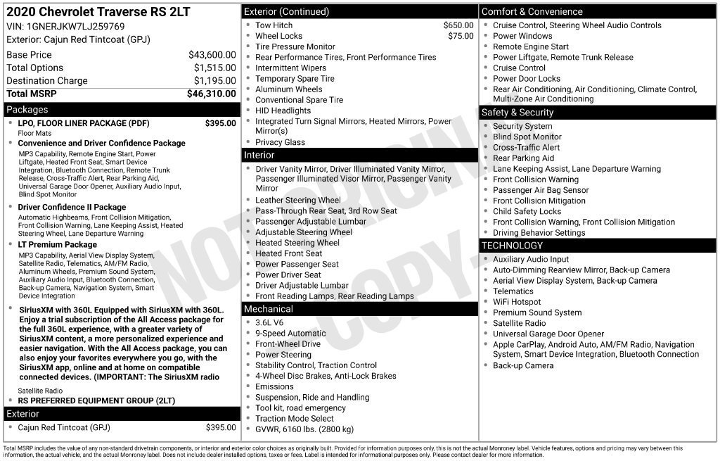 Used 2020 Chevrolet Traverse RS w/ LPO, Floor Liner Package FWD image 11