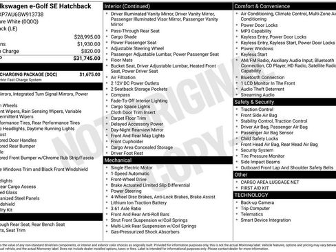 Used 2016 Volkswagen e-Golf SE w/ DC Fast Charging Package FWD image 28