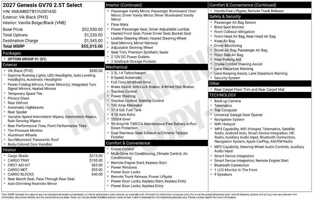 New 2027 Genesis GV70 2.5T Select AWD/4WD image 16