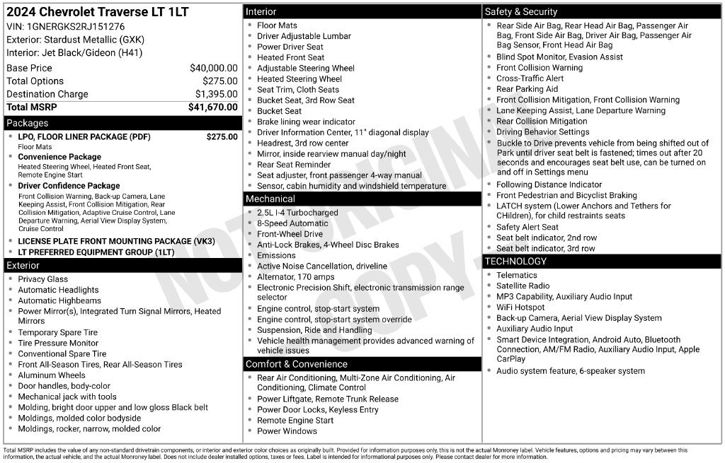Used 2024 Chevrolet Traverse LT w/ LPO, Floor Liner Package FWD image 6
