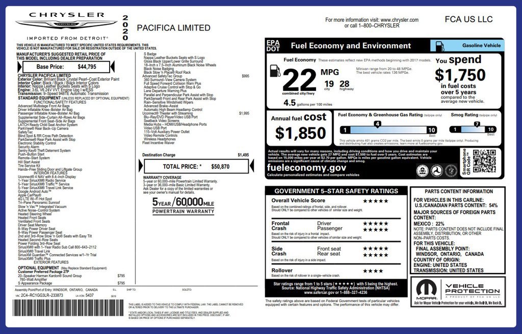 Used 2020 Chrysler Pacifica Limited w/ Advanced Safetytec Group FWD image 7
