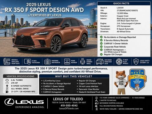 Used 2025 Lexus RX 350 F Sport w/ Convenience Package AWD/4WD image 1