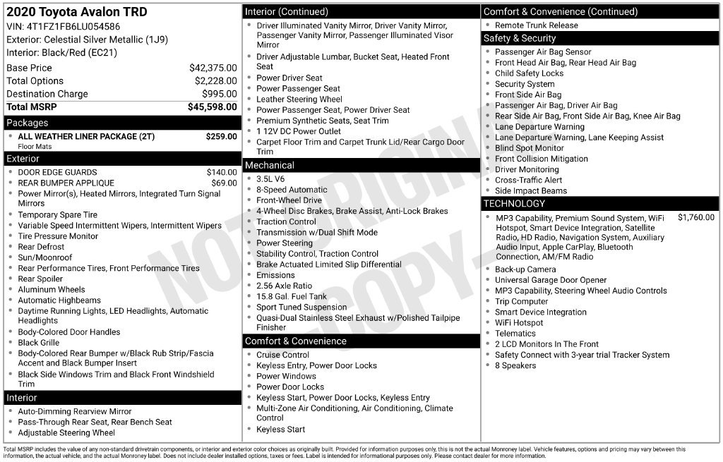 Used 2020 Toyota Avalon TRD w/ All Weather Liner Package FWD image 2