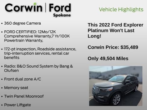 Used 2022 Ford Explorer Platinum w/ Equipment Group 601A AWD/4WD image 7