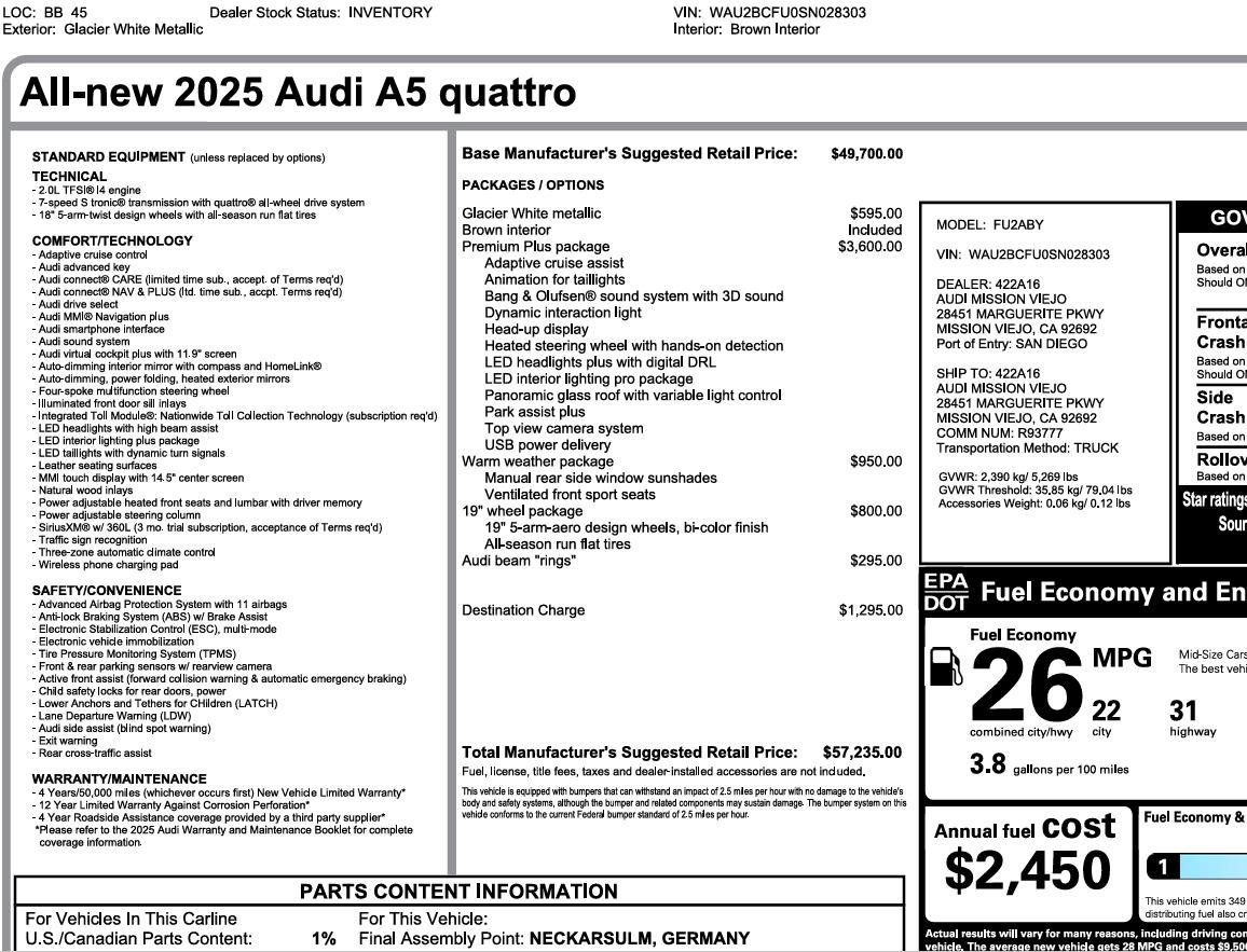 Used 2025 Audi A5 2.0T Premium Plus w/ Premium Plus AWD/4WD image 3