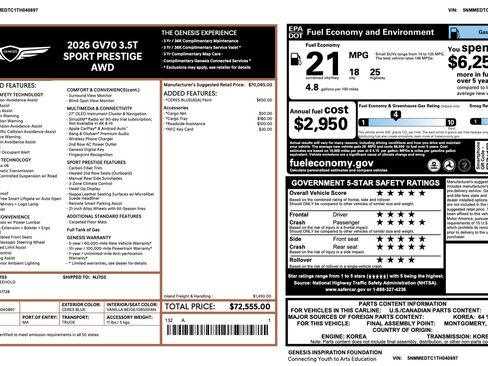 Certified 2026 Genesis GV70 3.5T Sport Prestige AWD/4WD image 3