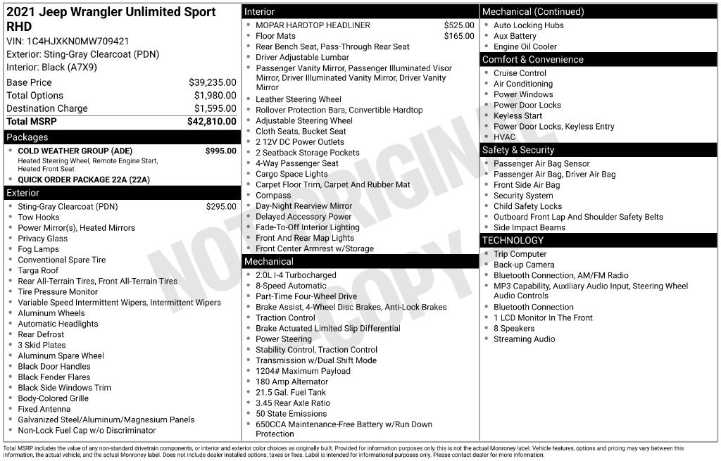 Used 2021 Jeep Wrangler Unlimited Sport w/ Cold Weather Group AWD/4WD image 7