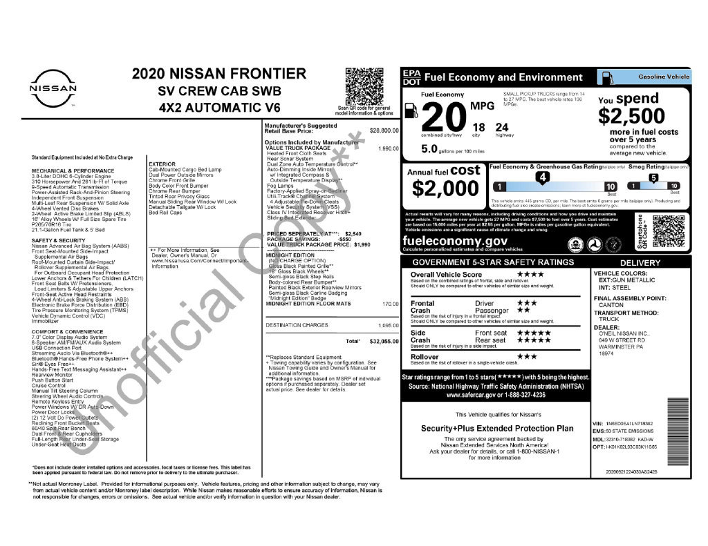 Used 2020 Nissan Frontier SV w/ Midnight Edition Floor Mats RWD image 2