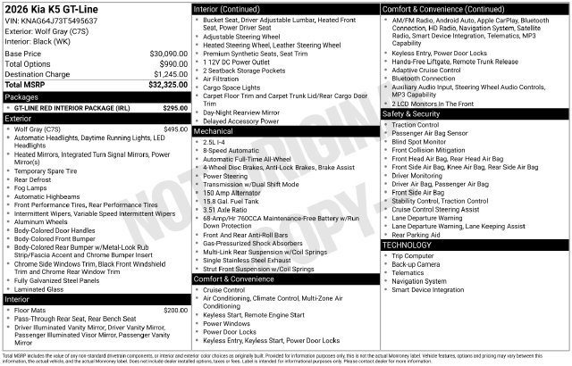New 2026 Kia K5 GT-Line w/ GT-Line Red Interior Package AWD/4WD image 47