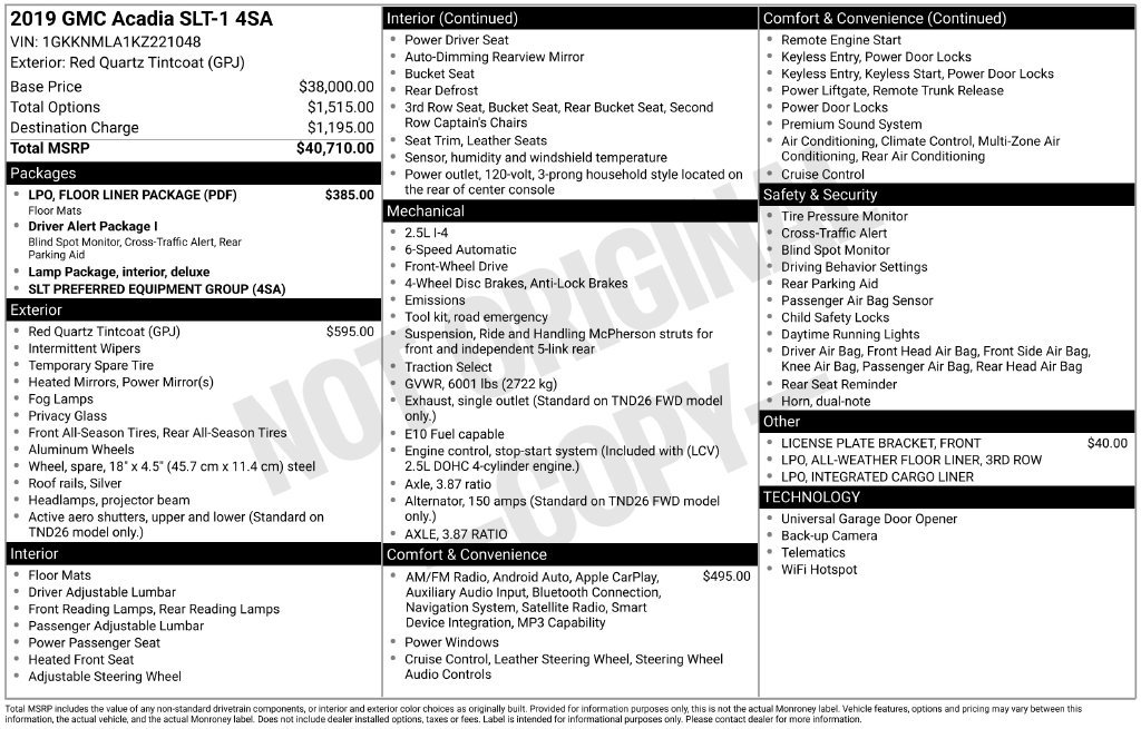 Used 2019 GMC Acadia SLT w/ LPO, Floor Liner Package FWD image 2