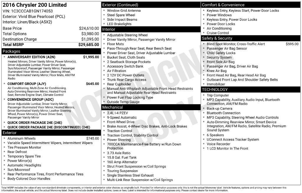 Used 2016 Chrysler 200 Limited w/ Anniversary Edition FWD image 2