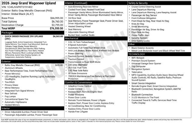 New 2026 Jeep Grand Wagoneer 4WD w/ Quick Order Packge 29V Upland image 4
