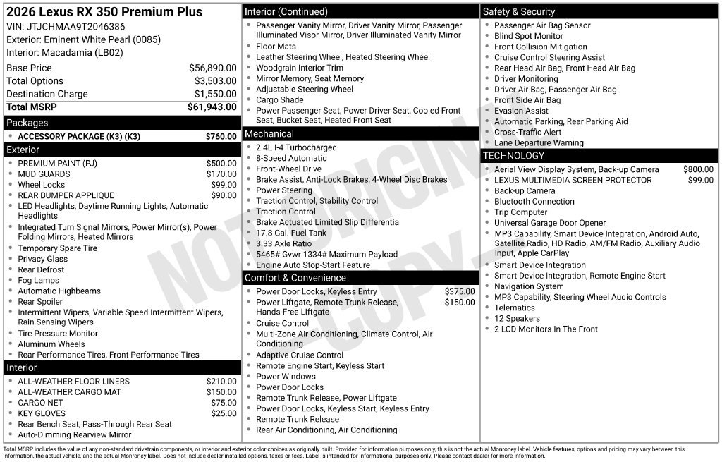 New 2026 Lexus RX 350 Premium Plus w/ Accessory Package (K3) FWD image 4