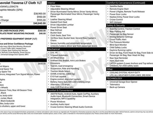 Used 2018 Chevrolet Traverse LT w/ LPO, Floor Liner Package AWD/4WD image 4