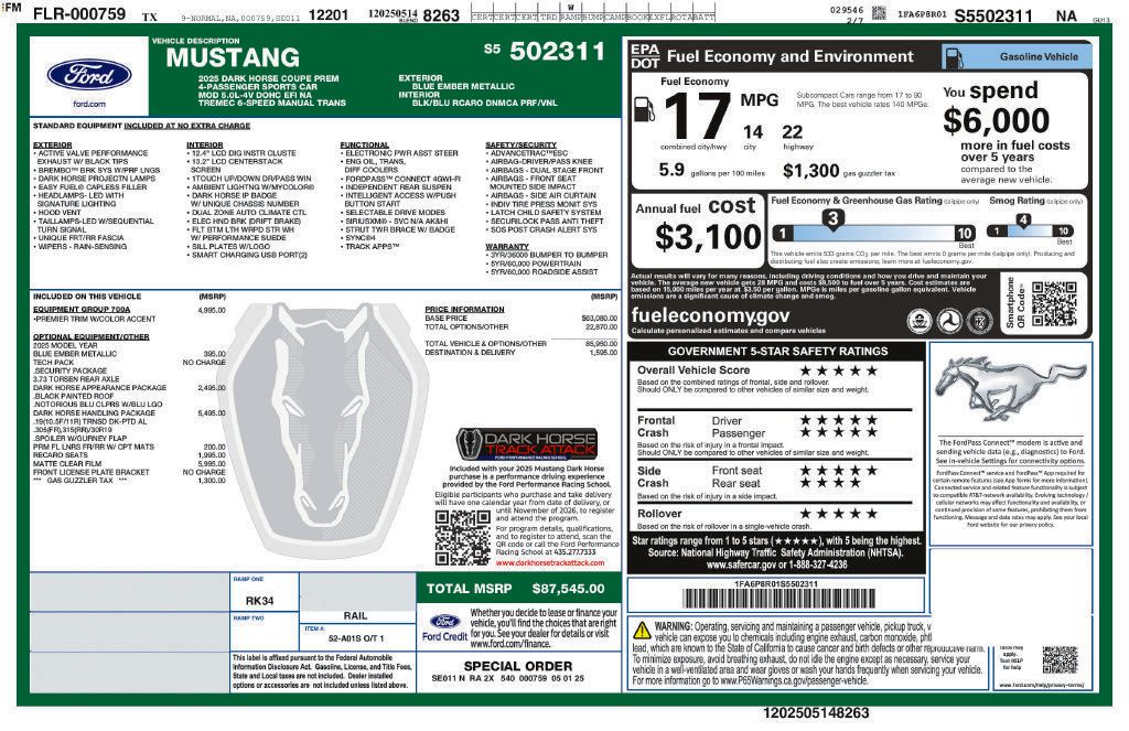 Used 2025 Ford Mustang Dark Horse w/ Dark Horse Handlin Package RWD image 3
