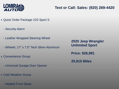 Used 2020 Jeep Wrangler Unlimited Sport w/ Cold Weather Group AWD/4WD image 7