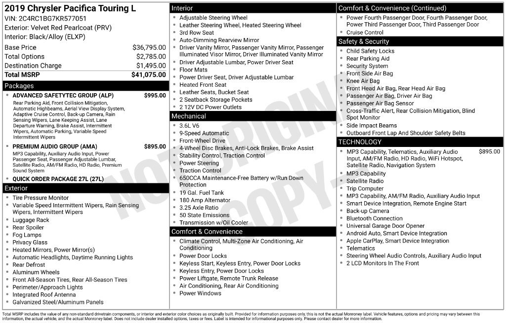 Used 2019 Chrysler Pacifica Touring-L w/ Advanced Safetytec Group FWD image 12