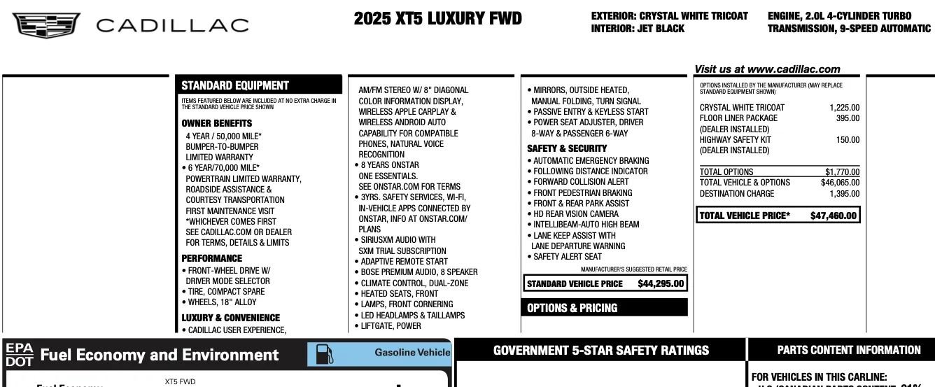 Used 2025 Cadillac XT5 Luxury w/ LPO, Floor Liner Package FWD image 2