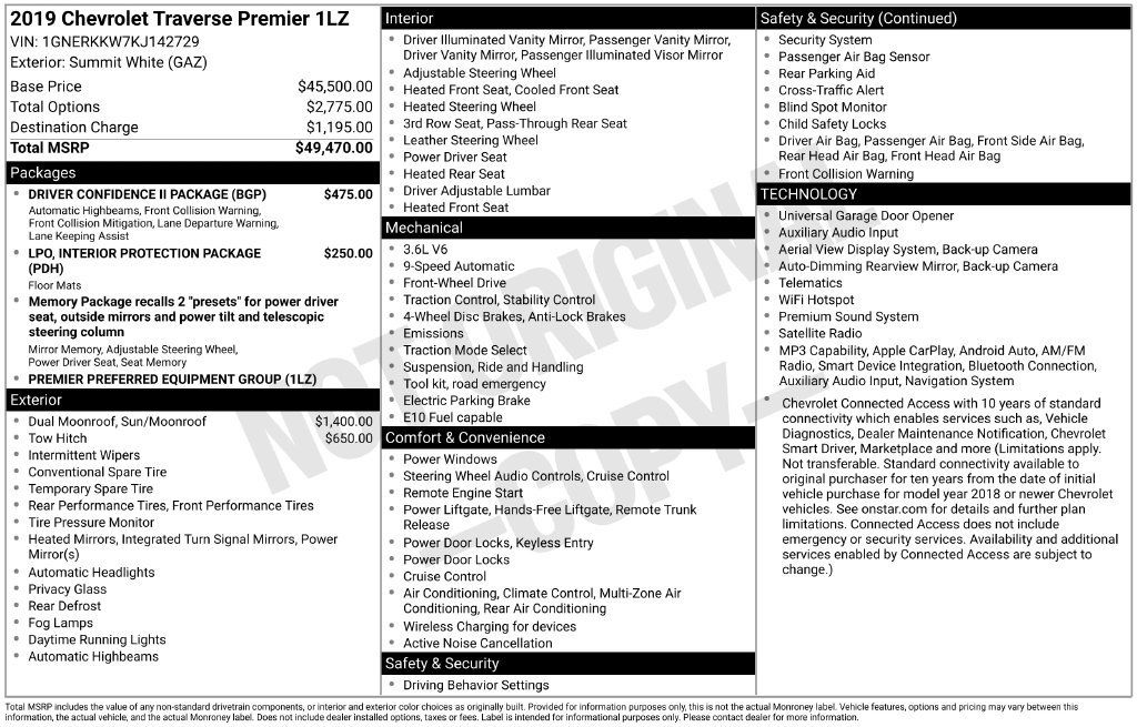 Used 2019 Chevrolet Traverse Premier w/ Driver Confidence II Package FWD image 38