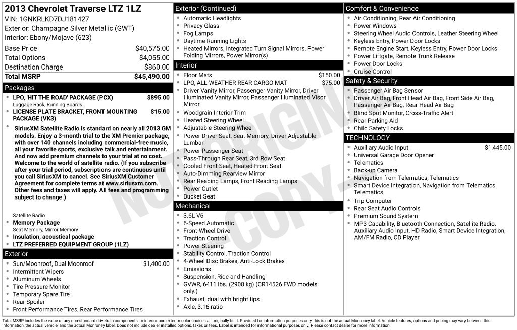 Used 2013 Chevrolet Traverse LTZ w/ LPO, 'HIT The Road' Package FWD image 3