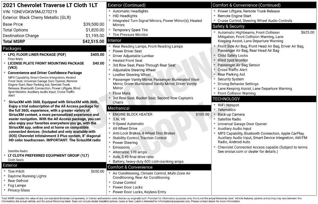 Used 2021 Chevrolet Traverse LT w/ LPO, Floor Liner Package AWD/4WD image 2