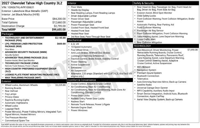 New 2027 Chevrolet Tahoe High Country AWD/4WD image 37