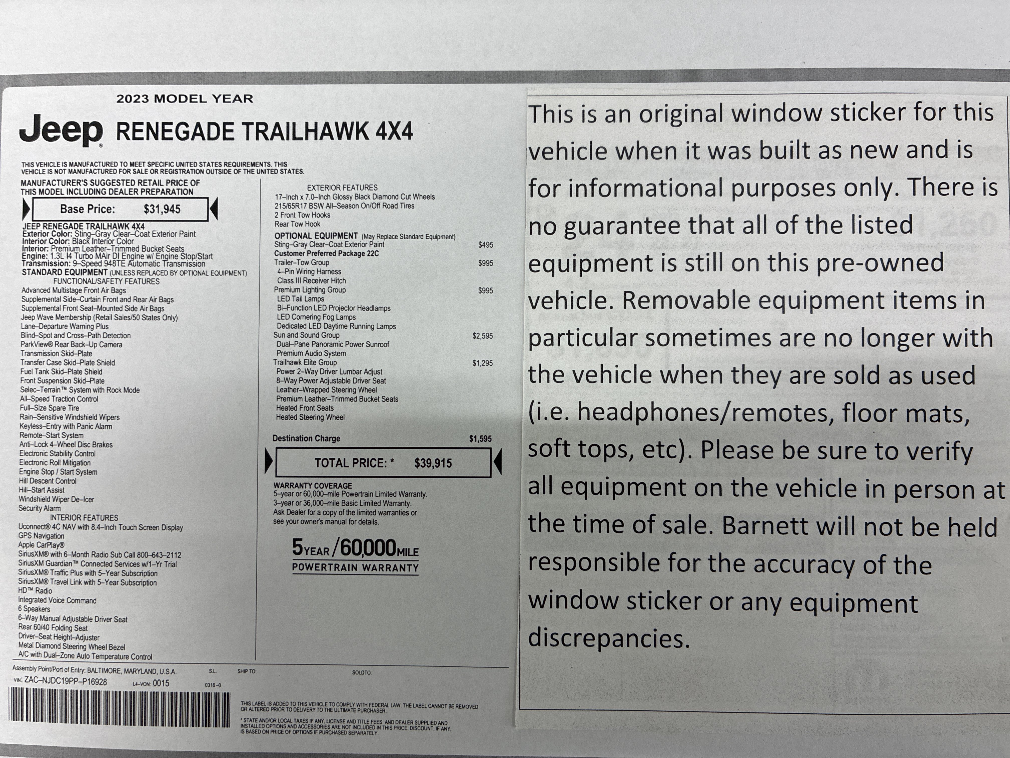 Certified 2023 Jeep Renegade Trailhawk w/ Sun/Sound Group AWD/4WD image 2
