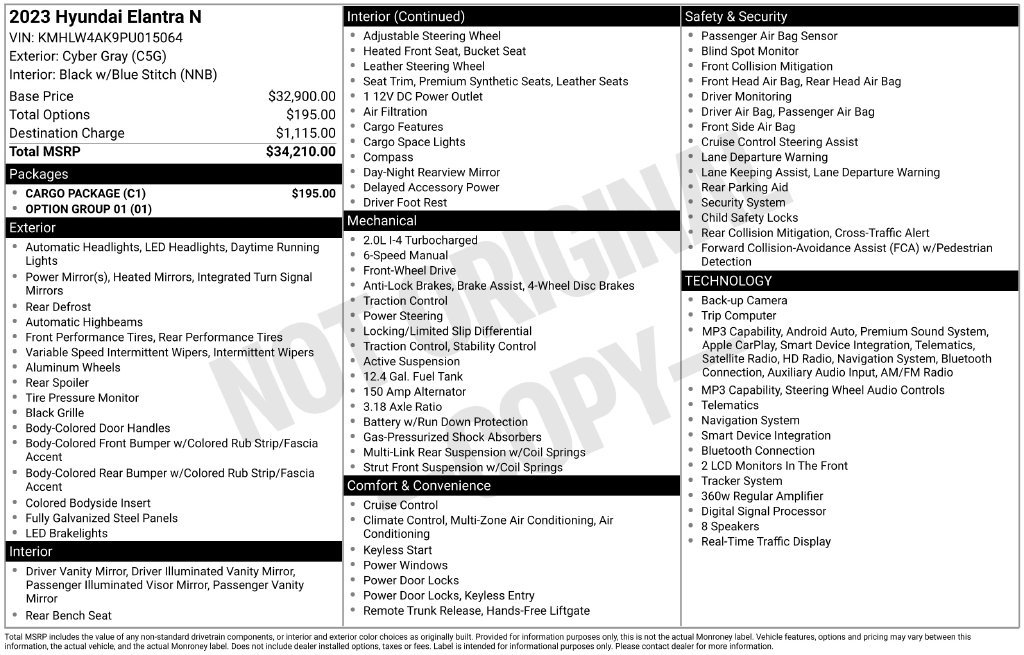 Used 2023 Hyundai Elantra N w/ Cargo Package FWD image 2