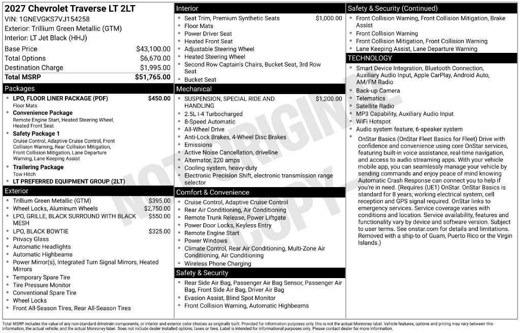 New 2027 Chevrolet Traverse LT w/ LPO, Floor Liner Package AWD/4WD image 11