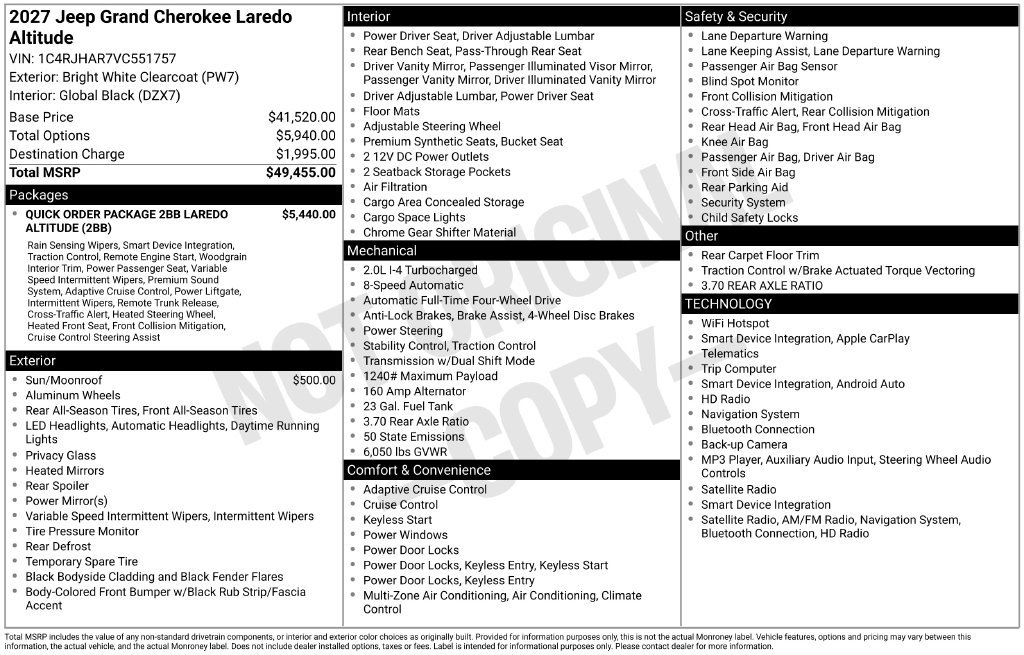 New 2027 Jeep Grand Cherokee Altitude AWD/4WD image 3