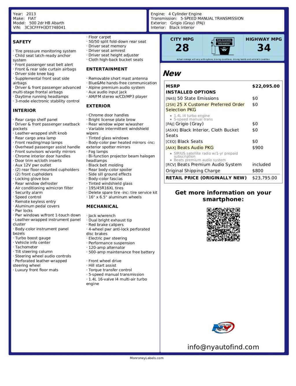 Used 2013 FIAT 500 Abarth w/ Beats Audio Pkg FWD image 10