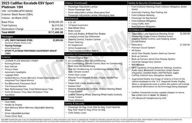 Used 2023 Cadillac Escalade ESV Sport Platinum w/ LPO, ONYX Package RWD image 32