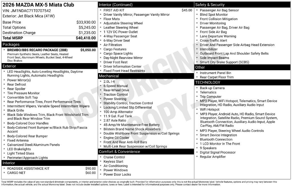 New 2026 MAZDA MX-5 Miata Club w/ Brembo/BBS/Recaro Package RWD image 3
