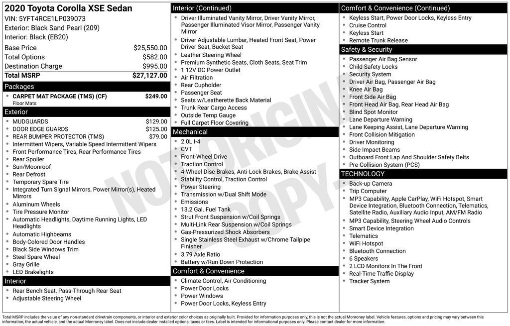 Used 2020 Toyota Corolla XSE w/ Carpet Mat Package (TMS) FWD image 1