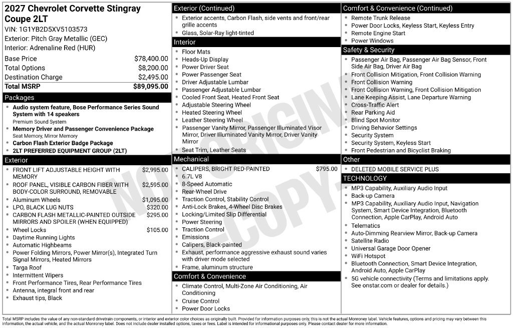 New 2027 Chevrolet Corvette Stingray Coupe w/ 2LT RWD image 4