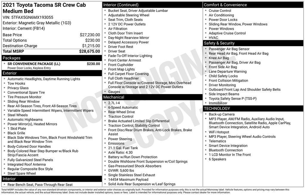 Certified 2021 Toyota Tacoma SR w/ SR Convenience Package RWD image 28