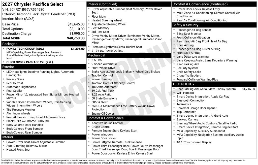 New 2027 Chrysler Pacifica Select w/ Family Tech Group FWD image 3
