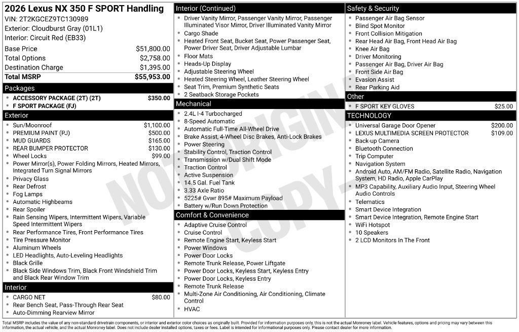 New 2026 Lexus NX 350 F Sport w/ Accessory Package (2T) AWD/4WD image 4