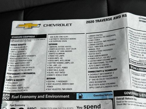 Used 2020 Chevrolet Traverse RS w/ LPO, Floor Liner Package image 43