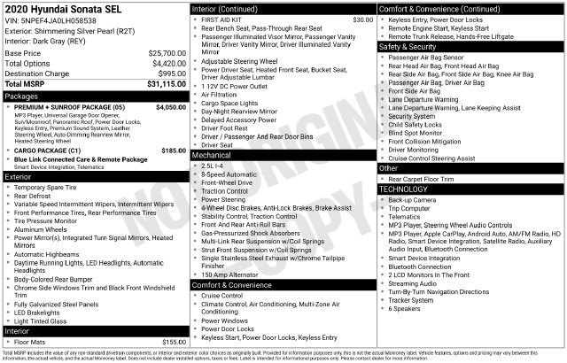 Used 2020 Hyundai Sonata SEL w/ Premium + Sunroof Package FWD image 33