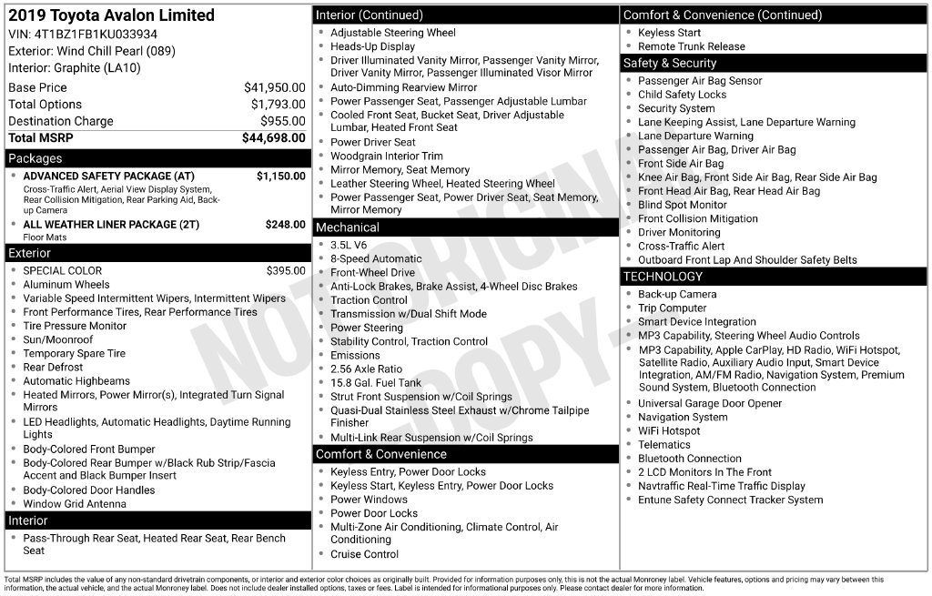 Used 2019 Toyota Avalon Limited w/ Advanced Safety Package FWD image 36