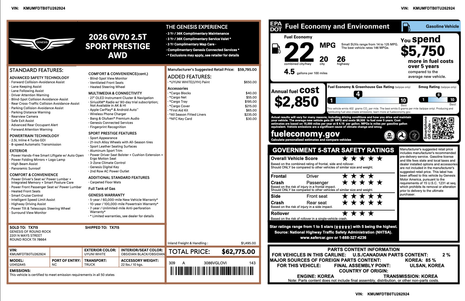Certified 2026 Genesis GV70 2.5T Sport Prestige AWD/4WD image 3