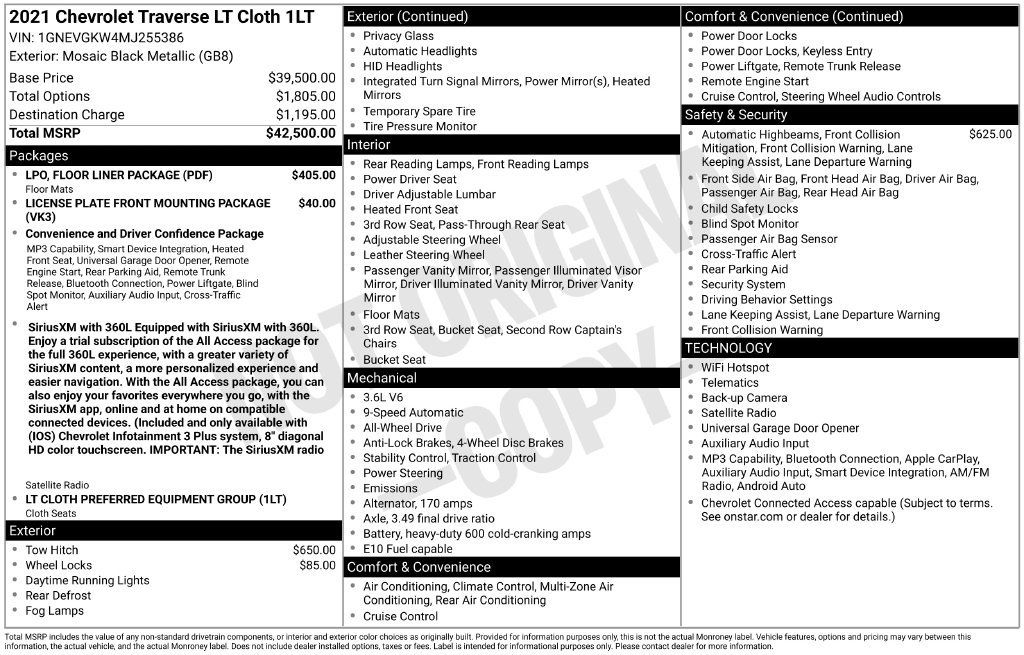 Used 2021 Chevrolet Traverse LT w/ LPO, Floor Liner Package AWD/4WD image 28