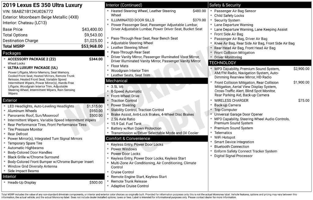 Used 2019 Lexus ES 350 Ultra Luxury w/ Accessory Package 2 FWD image 2