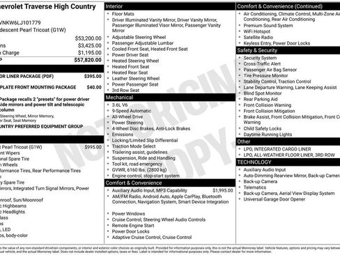 Used 2020 Chevrolet Traverse High Country w/ LPO, Floor Liner Package AWD/4WD image 2